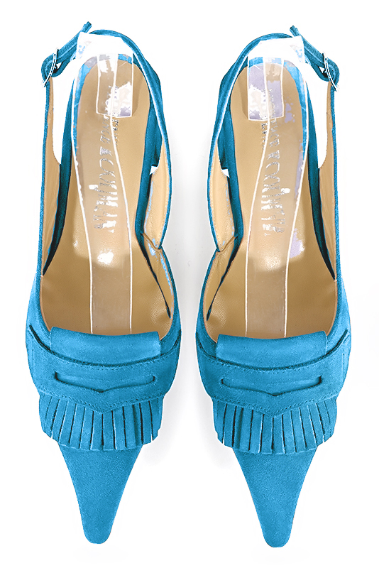 Turquoise blue women's slingback shoes. Pointed toe. Medium block heels. Top view - Florence KOOIJMAN